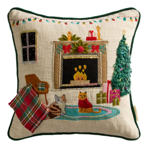 Christmas Cat Fireplace Scene Embroidered Throw Pillow Christmas Cat Fireplace Scene Embroidered Throw Pillow