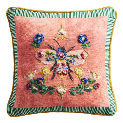 Coral Embroidered Floral Bee Throw Pillow Coral Embroidered Floral Bee Throw Pillow