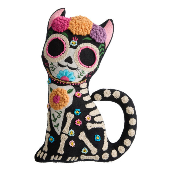 Dia de los Muertos Beaded Cat Skeleton Shaped Throw Pillow