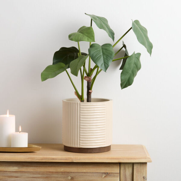 Faux Dasheen Leaf Plant with Ivory Ceramic and Wood Planter Faux Dasheen Leaf Plant with Ivory Ceramic and Wood Planter