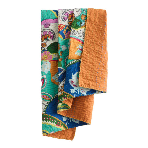 Floral Print Kantha Stitch Reversible Throw Blanket
