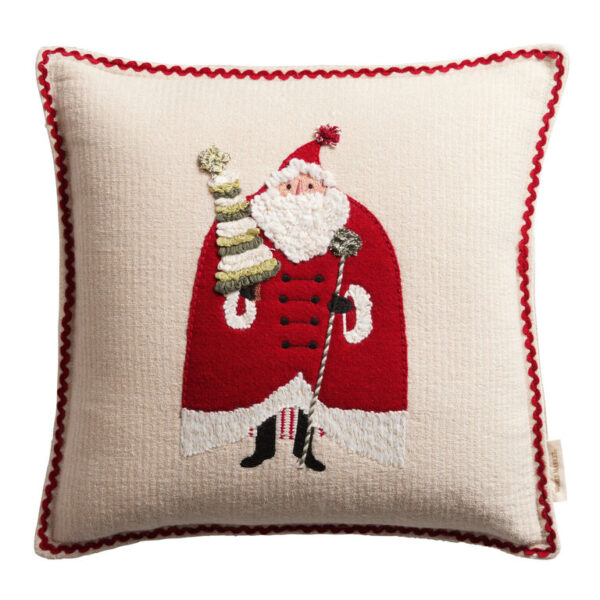 Ivory And Red Embroidered Folklore Santa Throw Pillow