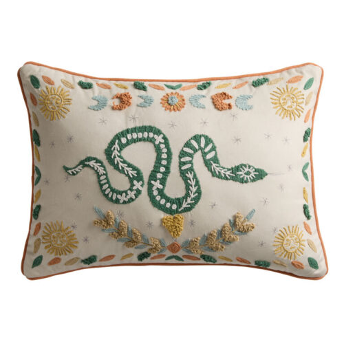 Ivory Velvet Mystic Snake Embroidered Lumbar Pillow