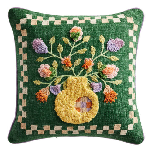 Kelly Green Embroidered Flower Vase Throw Pillow