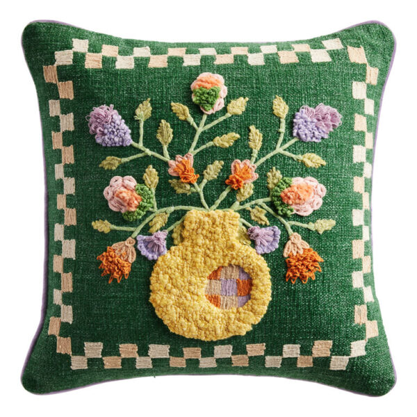 Kelly Green Embroidered Flower Vase Throw Pillow