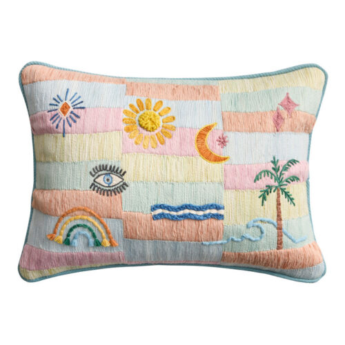 Multicolor Beach Icon Embroidered Indoor Outdoor Lumbar Pillow