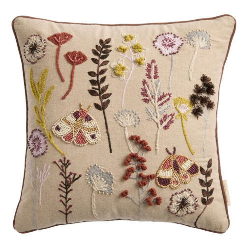 Oatmeal and Burgundy Botanical Embroidered Throw Pillow