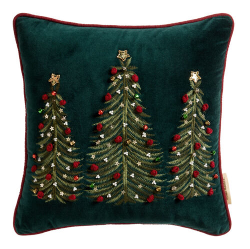 Pine Green Velvet Tree Embroidered Beaded Throw Pillow