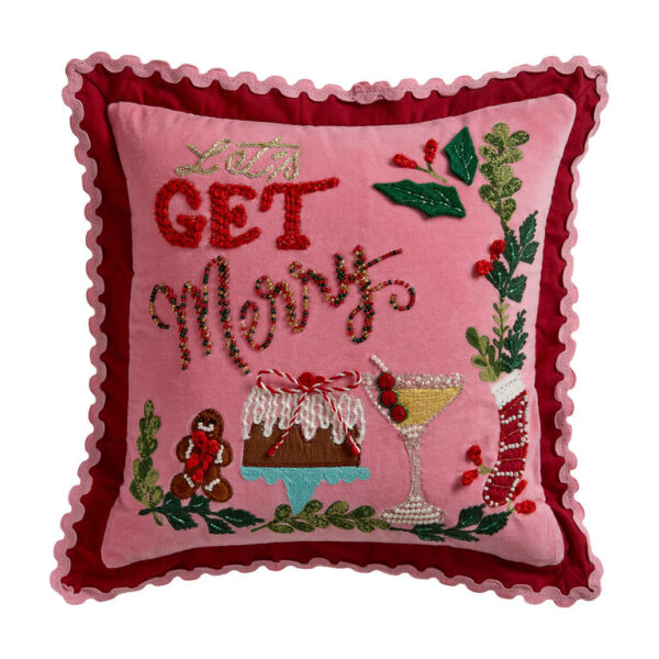 Pink and Red Let's Get Merry Embroidered Beaded Throw Pillow