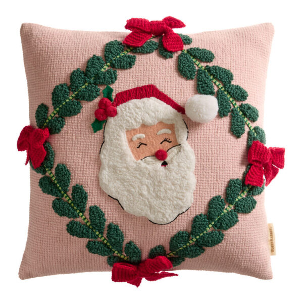 Pink and Red Retro Santa Embroidered Throw Pillow