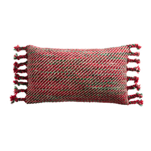 Red and Green Braided Fringe Lumbar Pillow