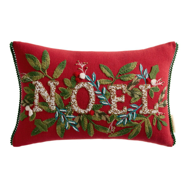 Red and Green Noel Embroidered Beaded Lumbar Pillow