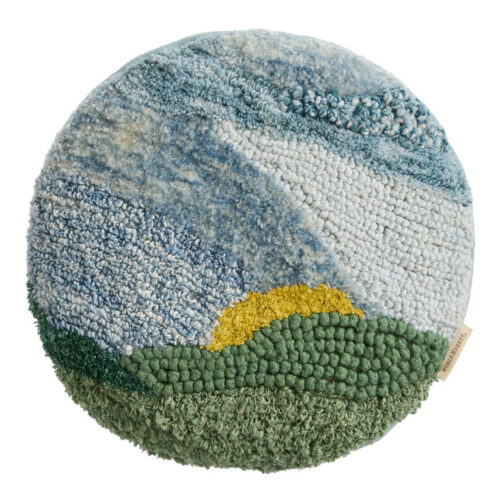 Round Blue and Green Tufted Mountainscape Throw Pillow