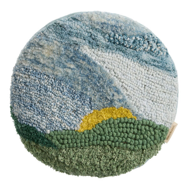 Round Blue and Green Tufted Mountainscape Throw Pillow