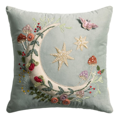 Slate Blue Velvet Moon Embroidered Throw Pillow
