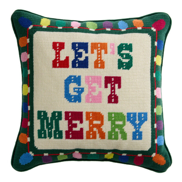 Small Multicolor Needlepoint Let's Get Merry Throw Pillow Small Multicolor Needlepoint Let's Get Merry Throw Pillow