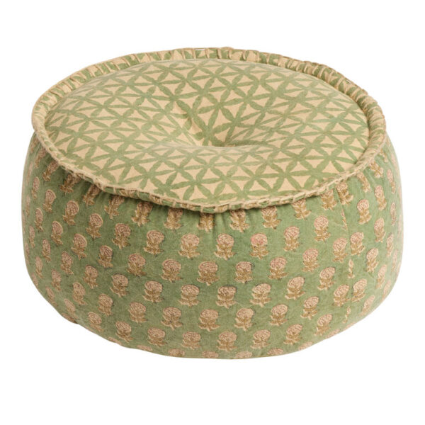 Suti Green Floral Kantha Stitch Block Print Pouf
