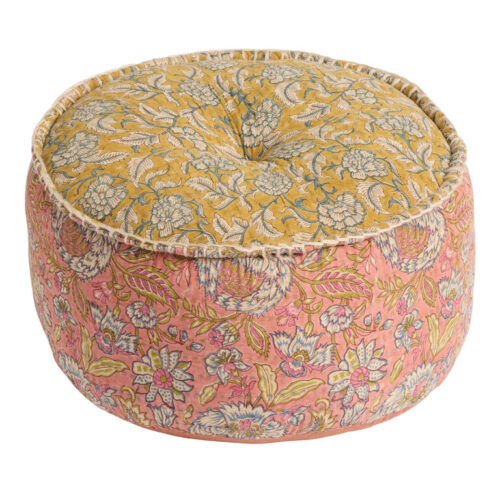 Suti Warm Floral Kantha Stitch Mixed Block Print Pouf