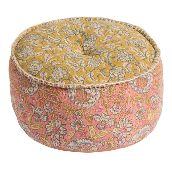 Suti Warm Floral Kantha Stitch Mixed Block Print Pouf