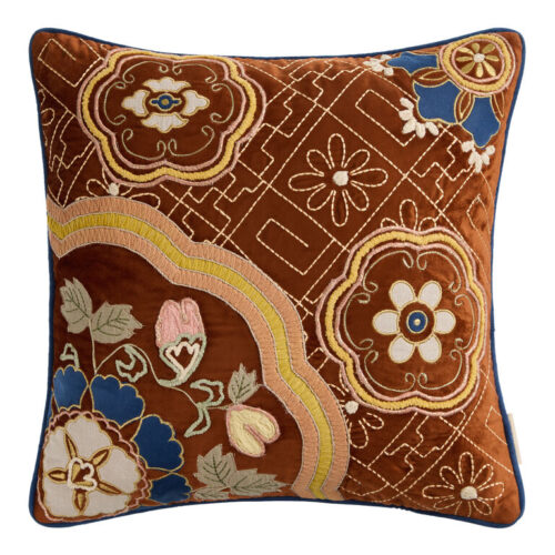 Terracotta and Gold Velvet Floral Embroidered Throw Pillow