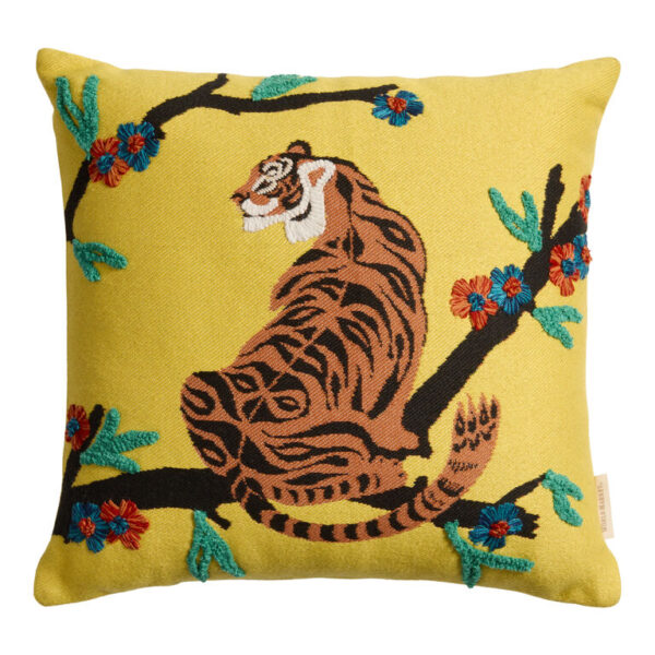 Yellow Embroidered Tiger Indoor Outdoor Throw Pillow Yellow Embroidered Tiger Indoor Outdoor Throw Pillow