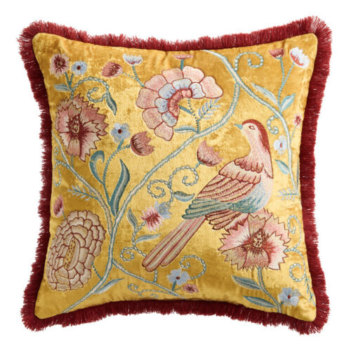 Yellow Velvet Chinoiserie Bird Fringe Throw Pillow