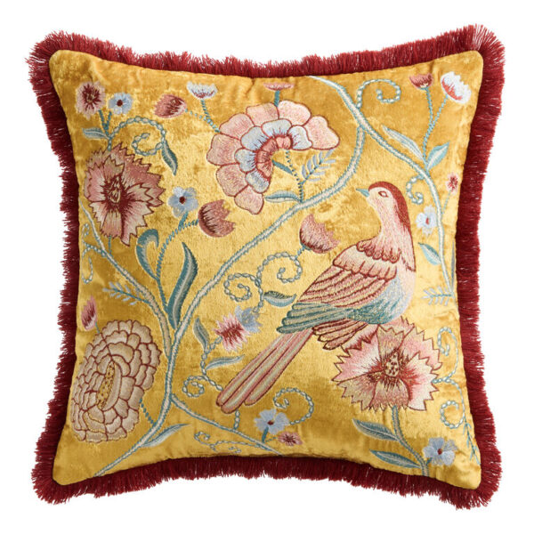 Yellow Velvet Chinoiserie Bird Fringe Throw Pillow Yellow Velvet Chinoiserie Bird Fringe Throw Pillow